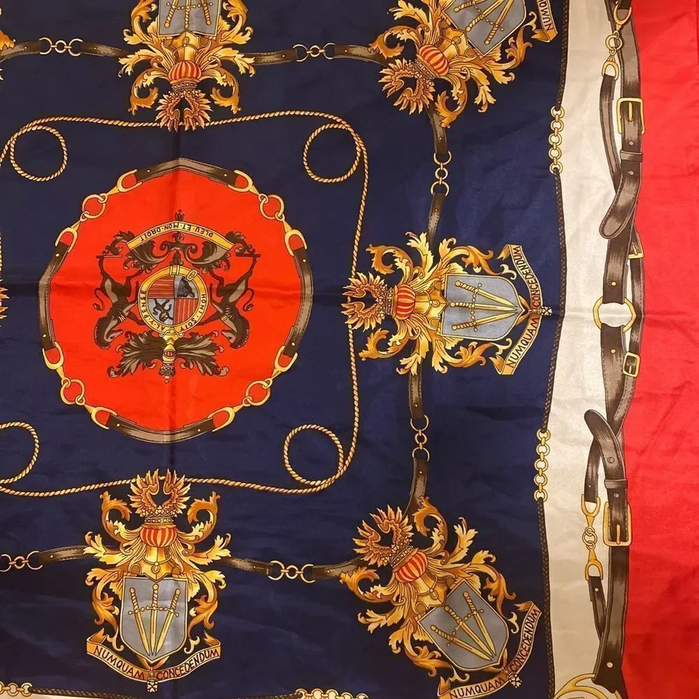 Honi Soit Aly Pense Silk Scarf - 34x34 red , navy gold , British silk scarf